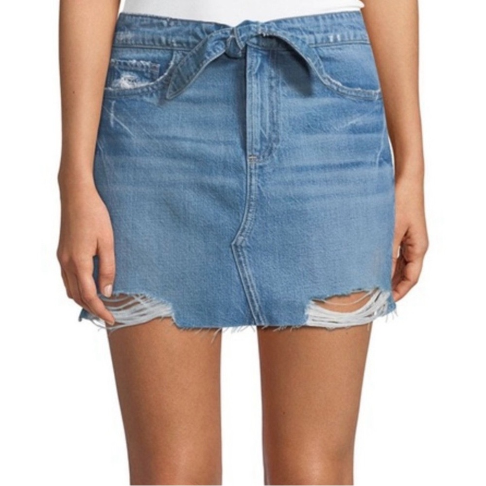 PAIGE Alethea High Rise Denim Skirt Size 27 Blue Tie Waist‎ Distressed Hem